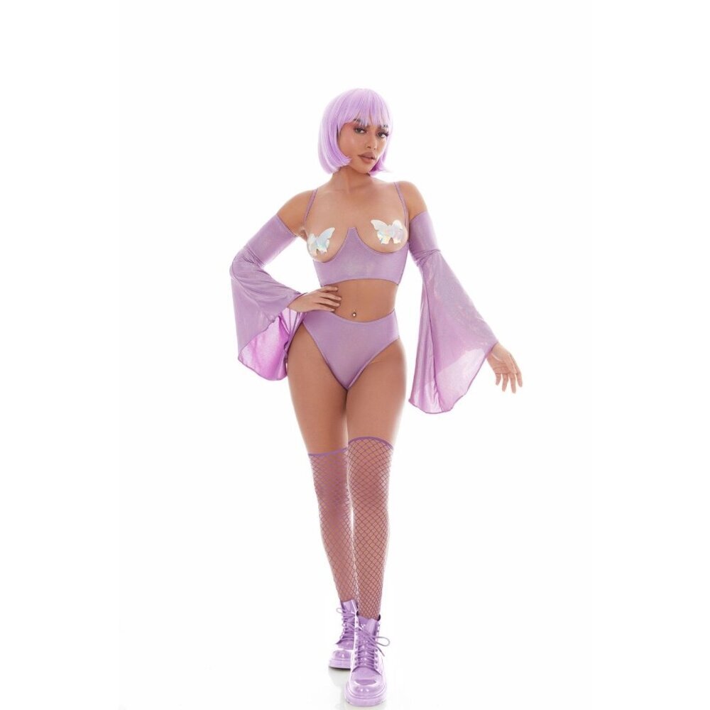 Kandi‎ House Holo Hun 5pc Rave Set Lavender M/L Top Panty Sleeves Stockings